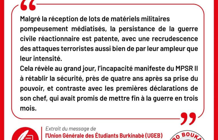 Bilan critique de la transition au Burkina Faso : l&rsquo;ugeb dénonce l&rsquo;échec sécuritaire du mpsr ii