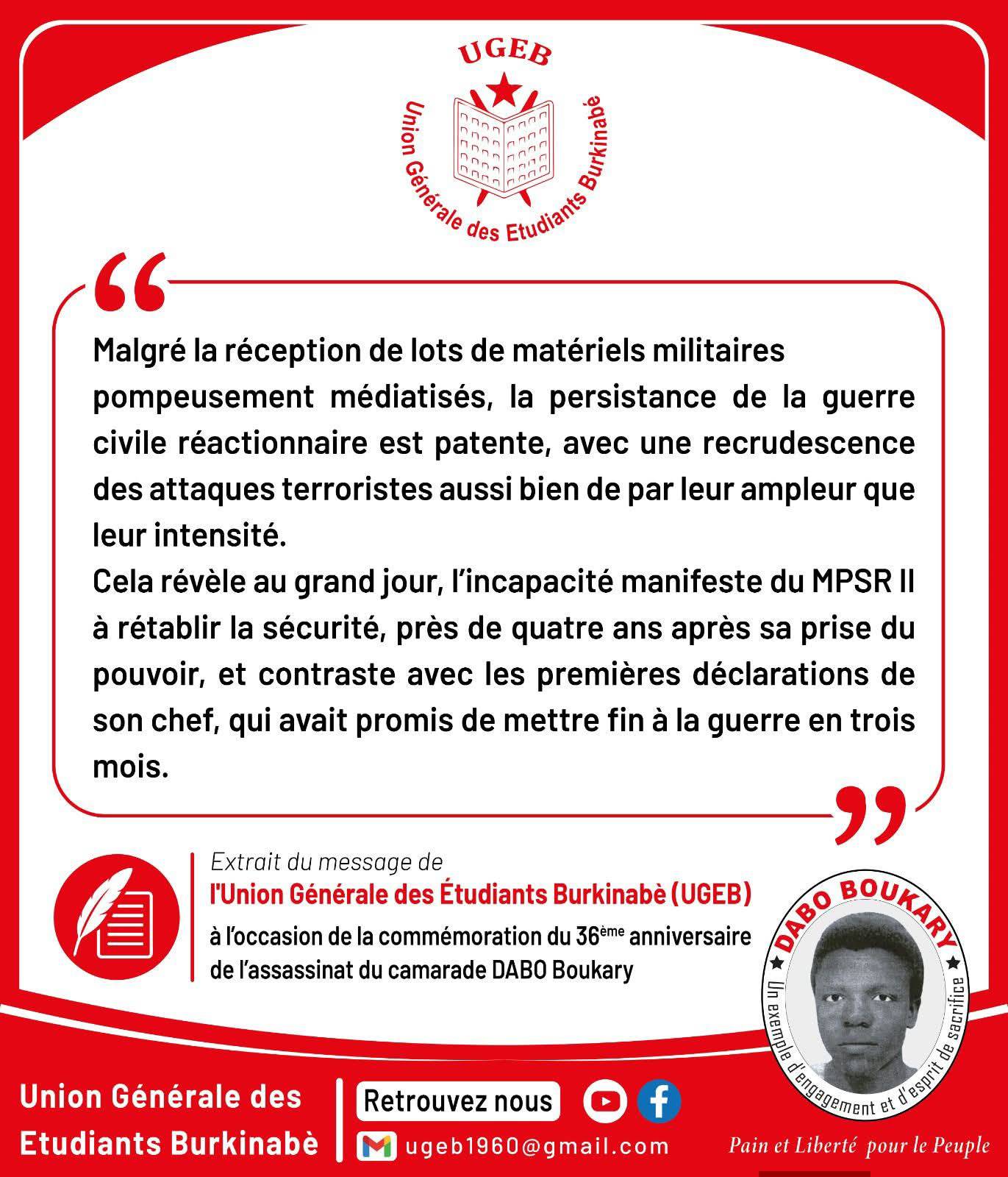 Bilan critique de la transition au Burkina Faso : l&rsquo;ugeb dénonce l&rsquo;échec sécuritaire du mpsr ii