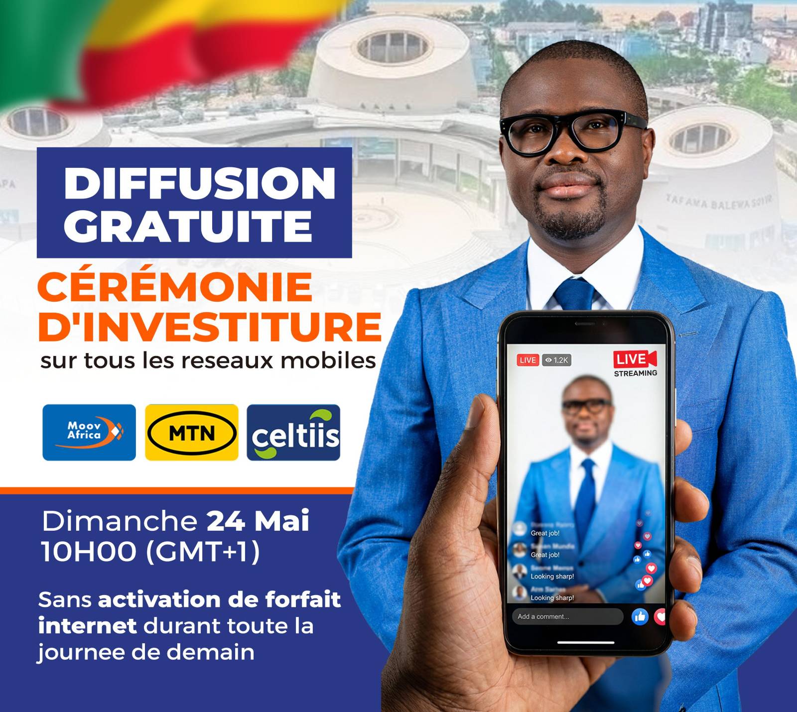 Cérémonie d&rsquo;investiture au Bénin : diffusion en direct gratuite pour tous les mobiles