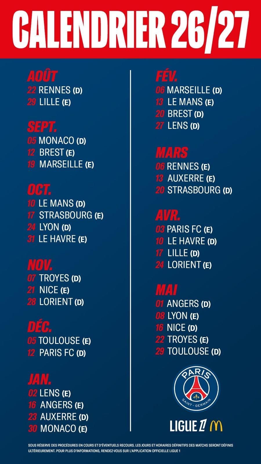 calendrier complet des matchs du PSG pour la saison 2026-2027
