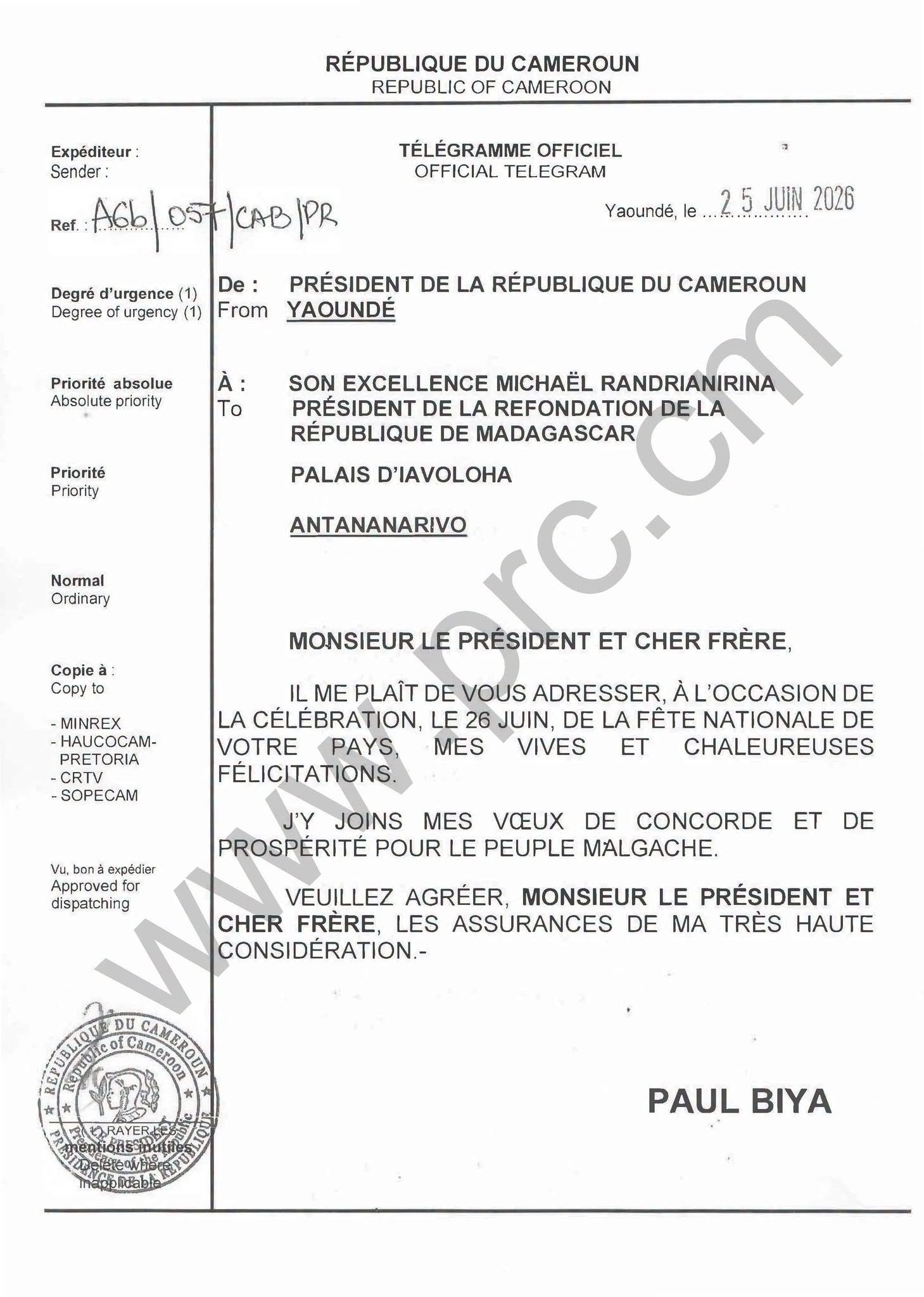Message de félicitations du président Paul Biya à Son Excellence Michaël Randrianirina, à l'occasion de la fête nationale de Madagascar, le 26 juin 2026.